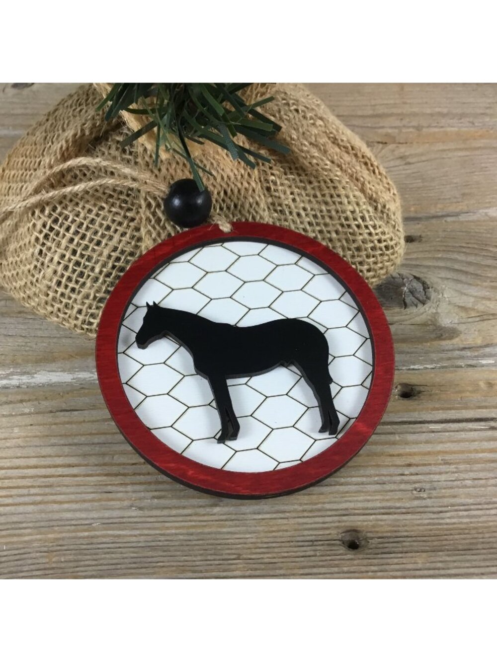 Horse Rustic Farm Christmas Ornament with Laser-Cut Chicken Wire Pattern